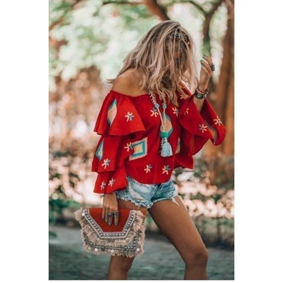 Geo, Aztec Boho Print Off Shoulder Blouse XL - Picture 3 of 9